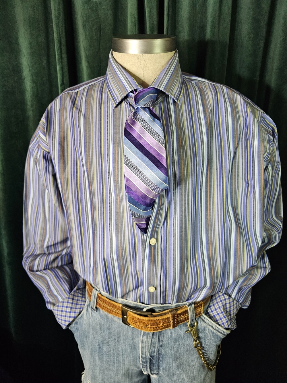 Thomas Dean Purple & Blue Striped Men's Dress Shirt with Coordinating Tie